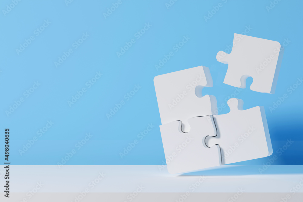 Four pieces of white jigsaw puzzle on blue background. Teamwork concept. 3D illustration rendered
