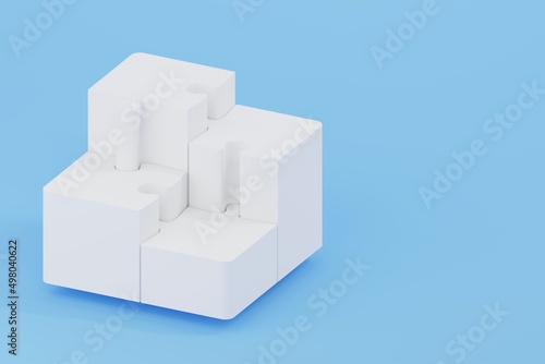 Four pieces of white jigsaw puzzle on blue background. Teamwork concept. 3D illustration rendered