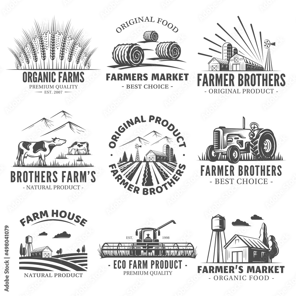 Set of farm market labels isolated on white background. Village and landscape agriculture emblems. Vector illustration Set of farm market labels isolated on white background. Village and landscape agriculture emblems. Vector illustration