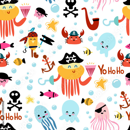 Fototapeta Naklejka Na Ścianę i Meble -  Vector seamless pattern with cute sea pirates. Hand-drawn funny vector pattern. Cute octopus in pirate hats, crabs, jellyfishes, treasure, fish and bubble. 
