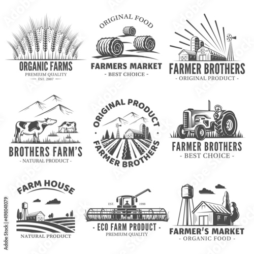 Set of farm market labels isolated on white background. Village and landscape agriculture emblems. Vector illustration