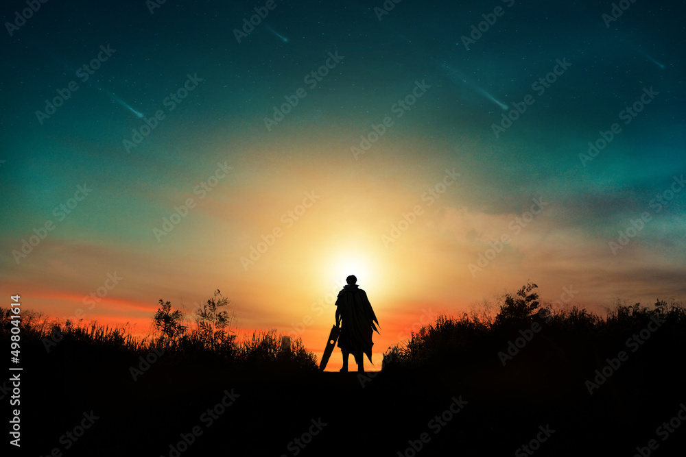 Fantasy landscape. The swordsman is looking the view of comet on the sky.