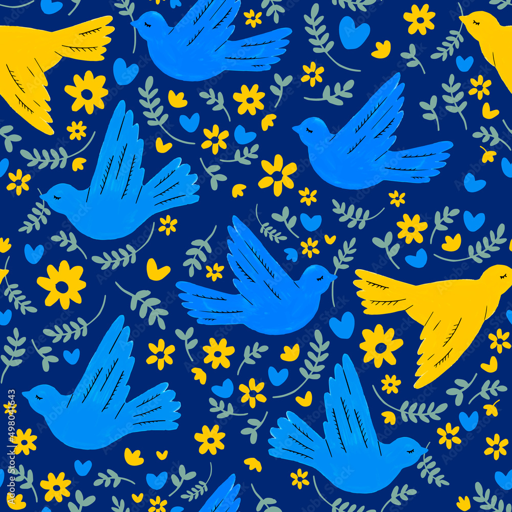 Seamless pattern of hand drawn peace doves in blue and yellow colors. Cute illustration for background, wrapping paper, wallpaper, fabric. Seamless pattern of hand drawn peace doves in blue and yellow colors. Cute illustration for background, wrapping paper, wallpaper, fabric.