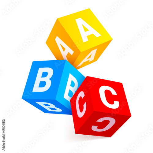 Multicolored falling alphabet cubes with letters A,B,C realistic vector childish educative game toy photo