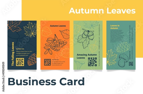 Collection vertical business card engraved autumn leaves design vector detailed fall ornament