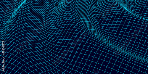 Abstract vector distorted technology wireframe wave. Curve surface background. Dark background with motion dots and lines. Mesh wave.
