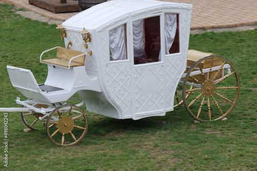 A white carriage on a background of rich green grass, a royal product photo