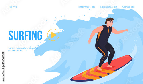 Surfing landing page video play web banner vector surfer surfboard riding wave extreme water sport