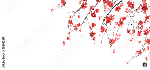 Ink painting of blossoming japanese sakura plum on white background. Traditional oriental ink painting sumi-e, u-sin, go-hua. Translation of hieroglyph - blossom