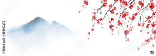 Ink painting of blossoming japanese sakura plum and far blue mountain on white background. Traditional oriental ink painting sumi-e, u-sin, go-hua. Hieroglyph - bloom