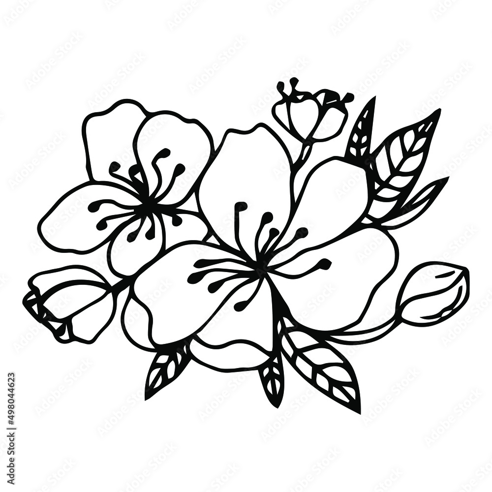 Sketch of spring flowers of quince, almond, apple tree branches with buds and flowers. Hand draw botanical doodle vector illustration in black contrast with white fill. Sketch of spring flowers of quince, almond, apple tree branches with buds and flowers. Hand draw botanical doodle vector illustration in black contrast with white fill.