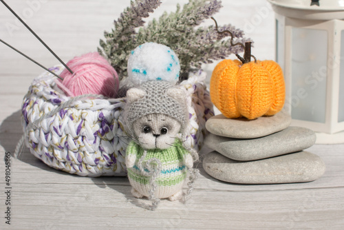 a knitted kitten with knitting needles and orange pumpkins, colored balls of thread in a basket. Creative workshop on handmade needlework