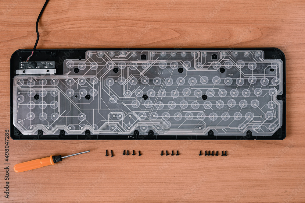 Inside of dismantled computer keyboard. computer keyboard inside Stock