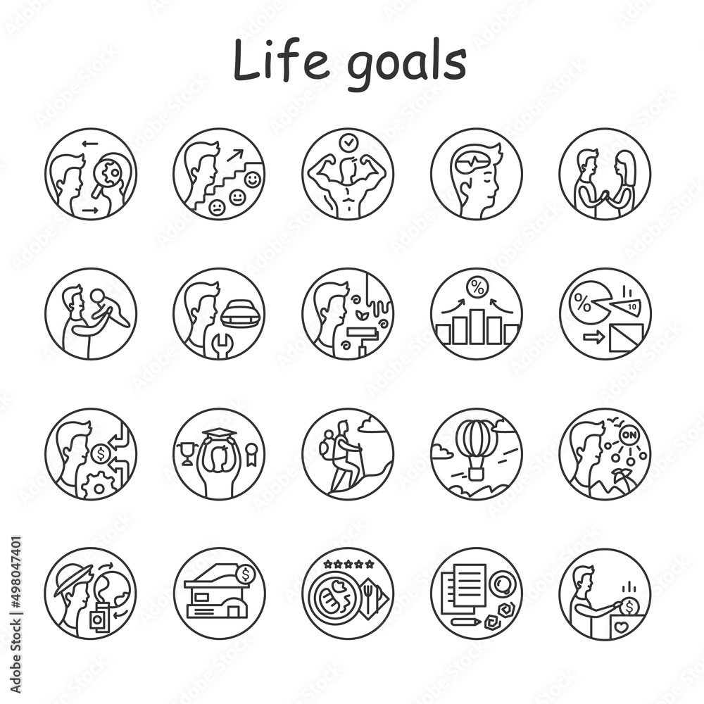 Life goals icons set. Personal development, experience building and motivation line pictograms. Financial, professional, family and lifestyle achievements concept. Editable stroke vector illustrations