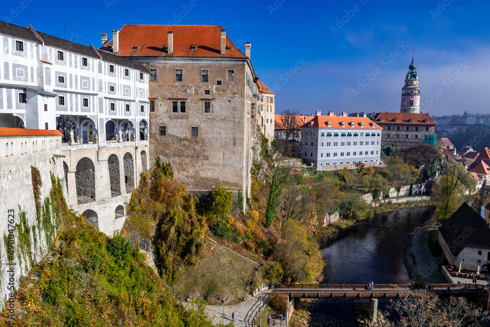 Cloak Bridge (Plastovy Most) And Castle In The City Of Cesky Krumlov In The Czech Republic