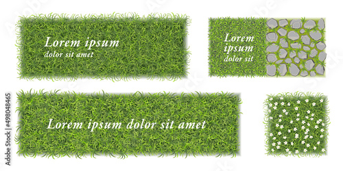 Green grass realistic. Top view. Spring time lawn ground cover horizontal banners set.