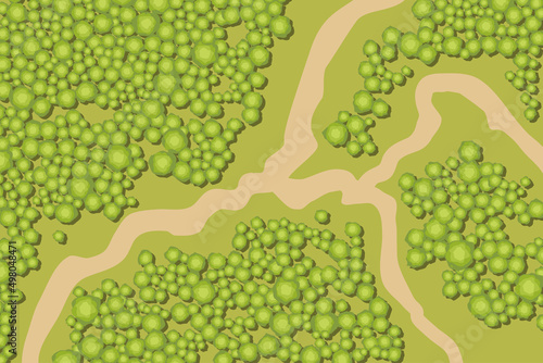 Vector illustration. Winding road in the landscape. Top view. Park, forest, trees, road. (View from above) Path for travel in the park.