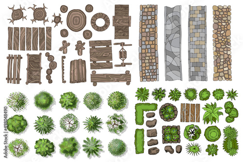 Vector set for landscape design. Outdoor furniture, pavements, architectural elements, trees and plants. (top view) 