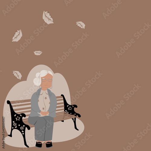 Front view of one lonely grandma is sitting on benches at outdoor under dry leaf on brown background.Vector flat design concept for entry,lonely,forlorn,desolate, lonesome,alone,helpless,insularity.