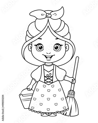 Maid coloring page. Black and white cartoon illustration