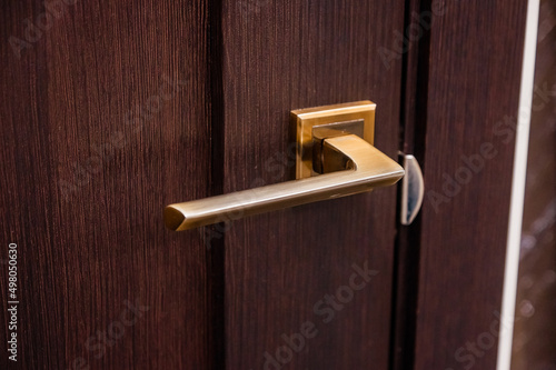 Push door handle made of copper close-up. Interior or entrance door design made of mahogany