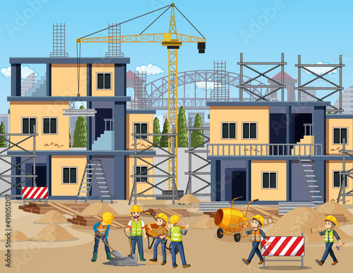 Building construction site with workers