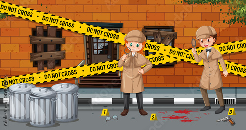 Detective looking for clues with magnifying glass in scene