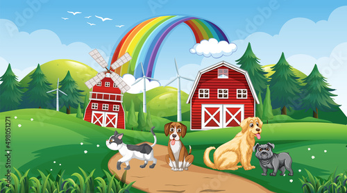 Set of different domestic animals in farm