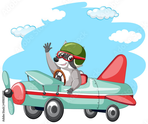 Cute raccoon flying airplane