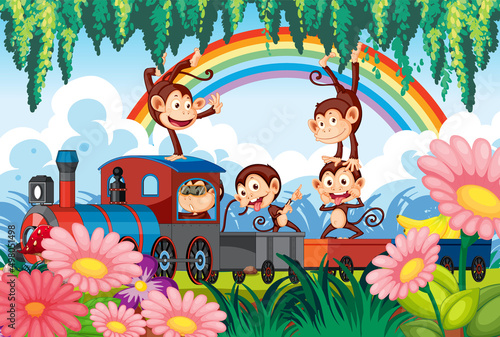 Happy monkeys riding on the train