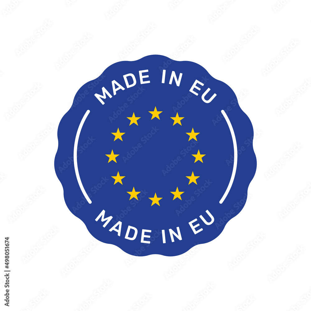 Made in Eu colorful vector badge. Label sticker with European union flag.