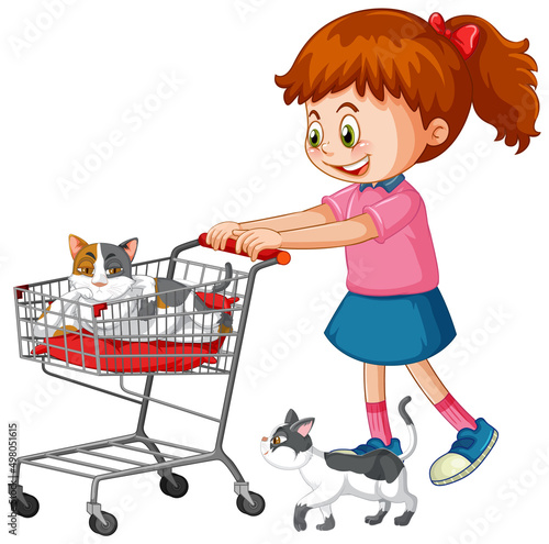 A little girl pushing shopping cart with cats