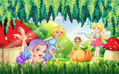 Fantastic forest scene with beautiful fairies