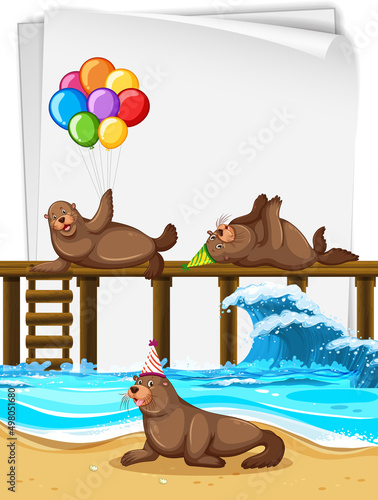 Seal lions at the beach with wooden pier
