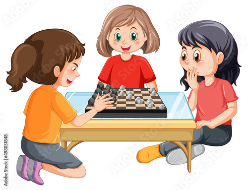 Happy kids playing chess on white background