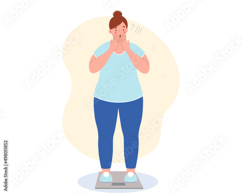 Obese woman stands on the scales, shocked by the weight gain. She upset because she was gaining weight. Excess weight problems concept.