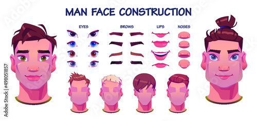 Man face constructor, avatar of cartoon creation heads, hairstyle, nose, eyes with eyebrows and lips. Facial elements for construction isolated on white background. Vector illustration.