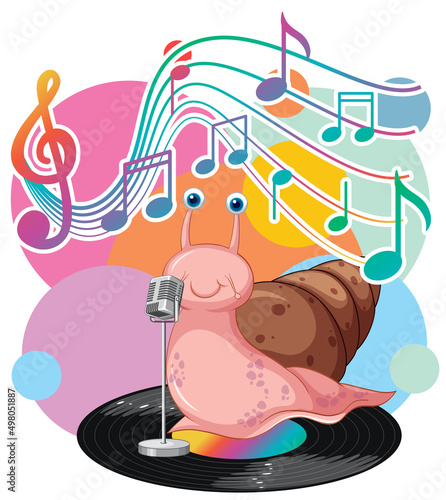 Singer snail with music melody symbols cartoon