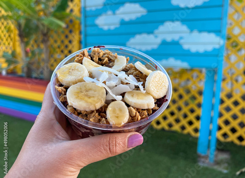 Vegan smoothie bowl with chia pudding, top view, copy space.  Acai bowl shop in Hawaii