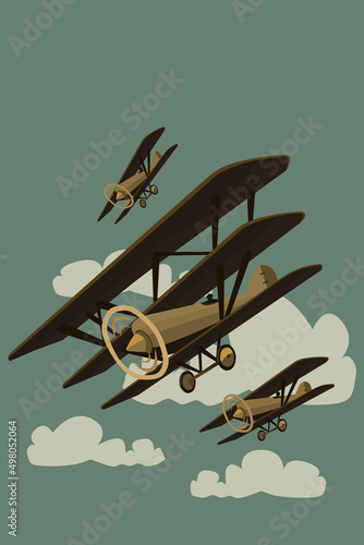 Airplane triplane and biplane illustration in retro style vintage