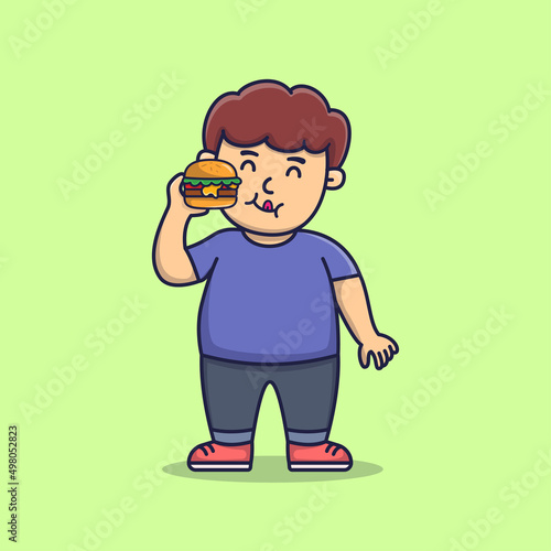 Happy Cute Boy eat hamburger, Boy eating junk food, flat cartoon style