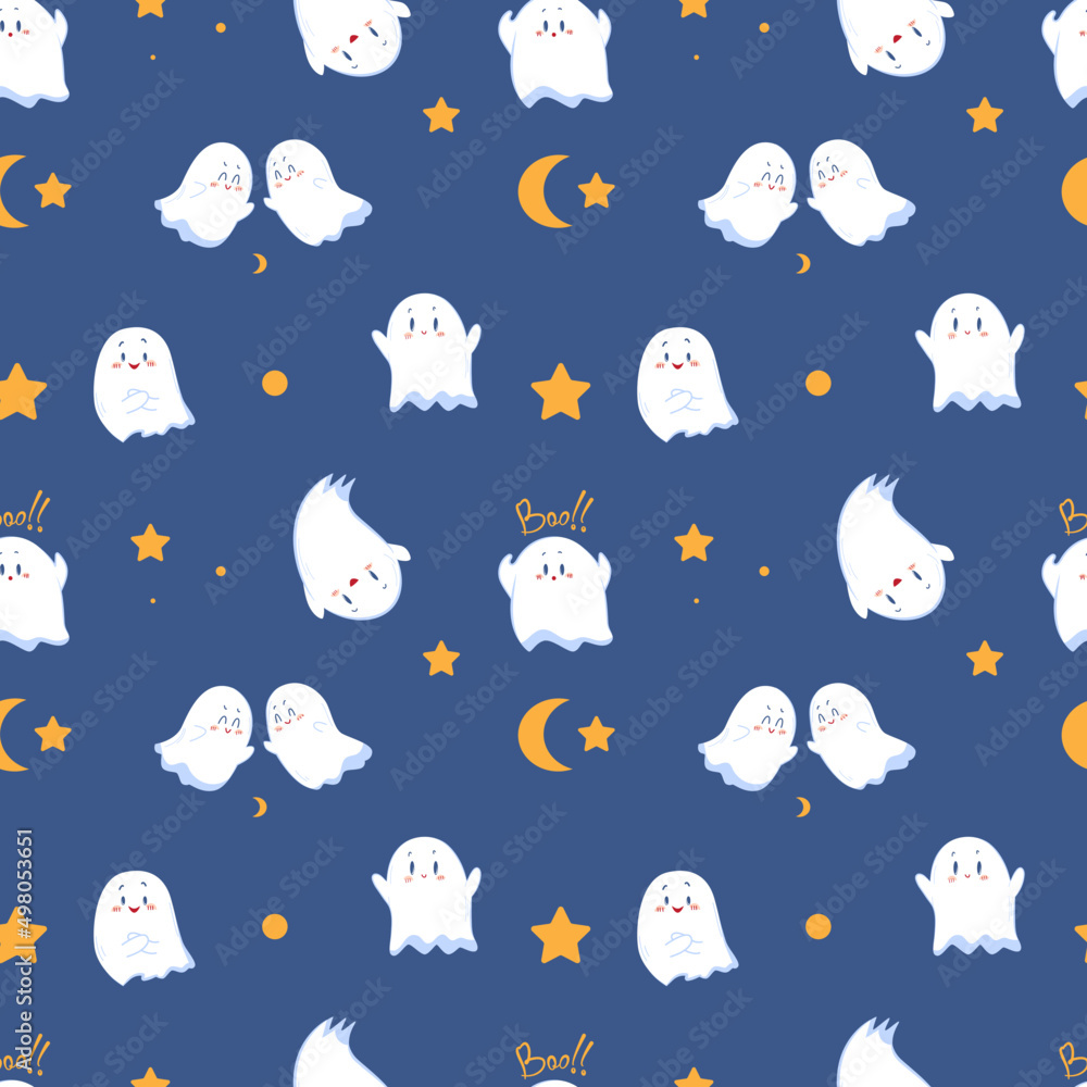 Cute children's kind ghost characters. Seamless pattern. Vector illustration. Print, textile, background, fabric Cute children's kind ghost characters. Seamless pattern. Vector illustration. Print, textile, background, fabric