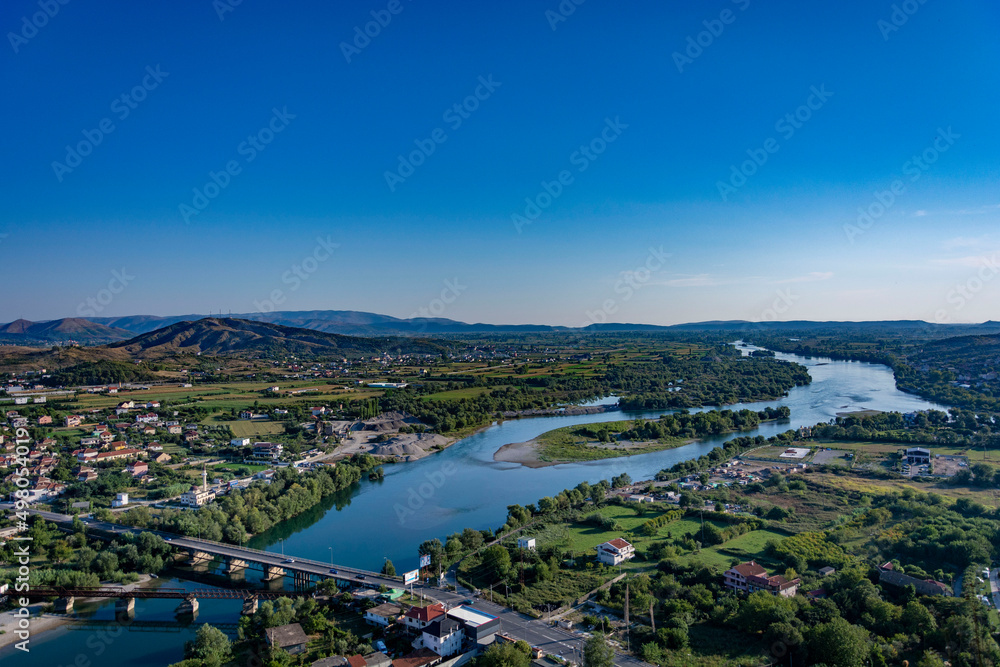 Fototapeta premium Stunning view of Shkoder valley and riverside from up high