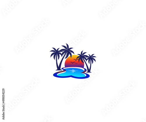 Tropical Sunset Palm Trees Lagoon  Logo Design Template