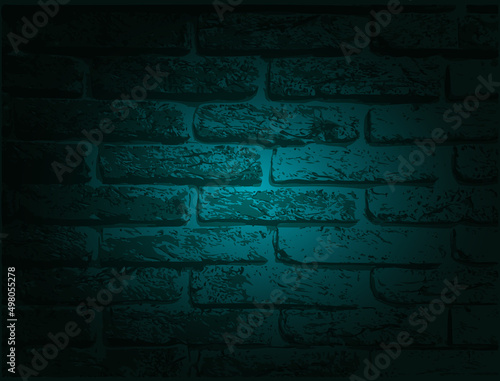 Brick vector wall with blue neon light. Lighting effect yellow color glow on old grunge brick texture. Vignette design