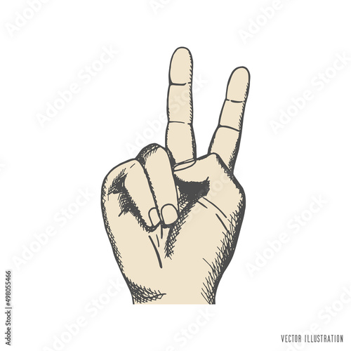 Human arm with two fingers up. Symbol of victory and peace. Contour art drawing. Hand drawn design
