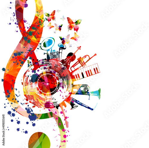 Colorful musical poster with G-clef, LP vinyl record disc and musical instruments vector illustration. Playful background for live concert events, music festivals and shows, party flyer