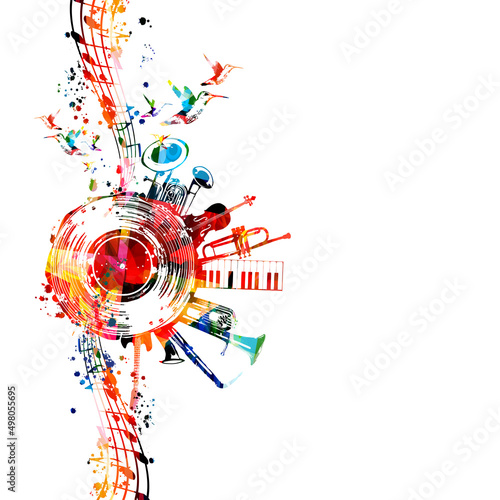 Colorful musical promotional poster with musical instruments and notes isolated vector illustration. Artistic playful design with vinyl disc for concert events, music festivals and shows, party flyer	