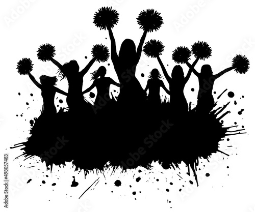 Silhouette of cheerleaders with pompoms and grunge blots, elements. Cheerleading sport. Vector illustration