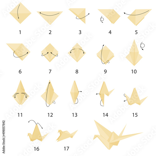 instructions on how to make paper crane step by step. origami. flat vector isolated on white background.